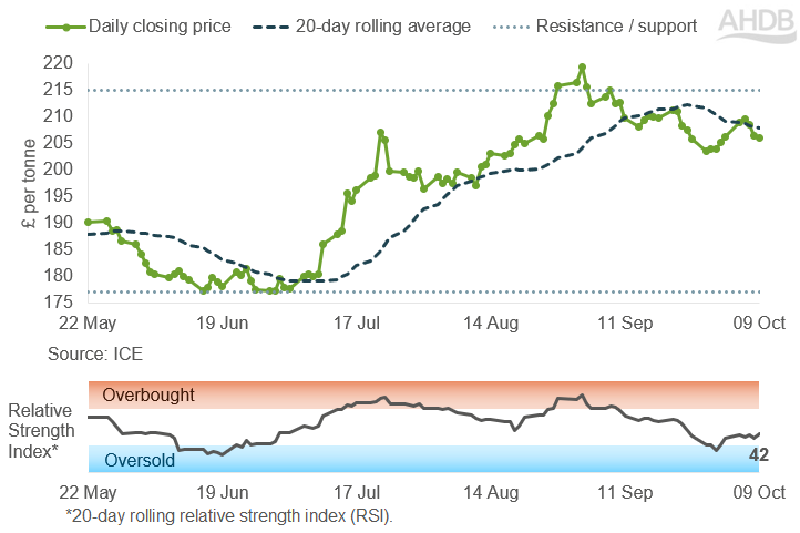 Line graph of UK feed futures Nov-26 contract prices over the past six months.